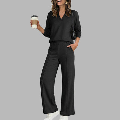 ✨Women's 2 Piece Outfits V Neck Lounge Set | Raglan Long Sleeve Top & Wide Leg Pants
